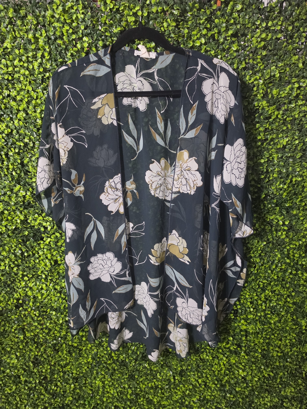 Floral Open-Front Kimono - Black with Cream & Olive Blooms